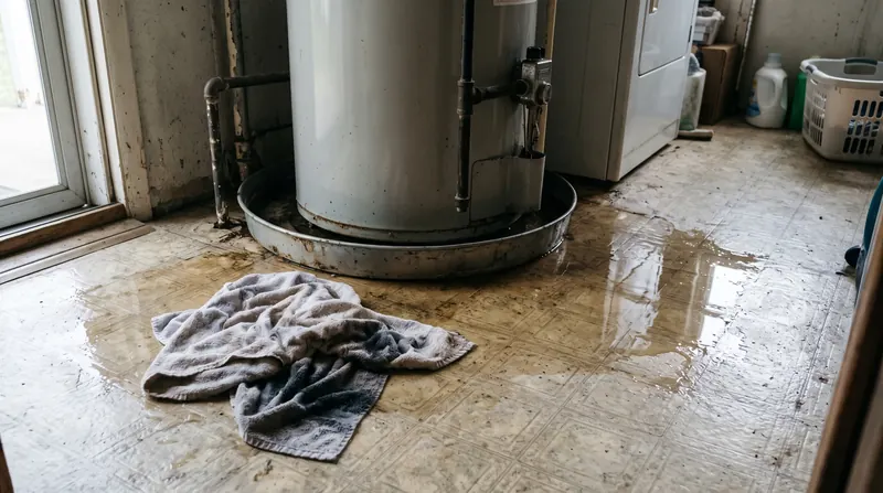 Water spreading across a laundry room floor from a leaking water heater, with a towel on the floor