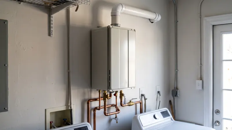 Wall-mounted tankless water heater in a laundry room with copper lines and a white PVC vent