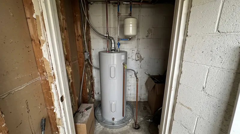 Electric tank water heater installed in a garage with a drain pan, stand, and expansion tank
