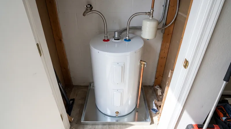New electric water heater in a closet with braided supply lines, a drain pan, and an expansion tank
